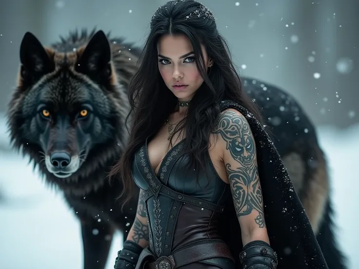 A woman, styled as a fierce warrior, is centrally positioned in a full shot. She has long, dark hair, and a serious expression, looking directly at the viewer.  She is wearing dark, leather-like clothing, adorned with intricate tattoos that depict tribal a...