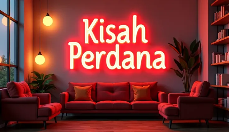  a neon 3d writing with the inscription  " Kisah Perdana " on the wall in a cozy studio. bright,  hd quality , 4k