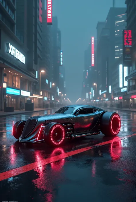 a 3/4 front view of ((futuristic cyberpunk hotrod zeekars)) (with glowing tires), at the parking lot,