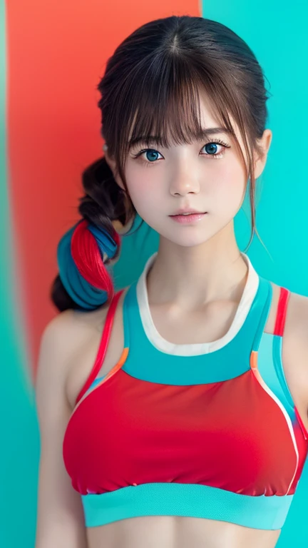 (Isolated on white background:1.5)、From  above、((Wearing red and cyan multi-colored sports bra:1.5))、(​masterpiece、top-quality) 、Soft lighting、absolutely outstanding image, very extremely beautiful、​masterpiece, top-quality,Photos, kawaii、(Colossal tits:1....