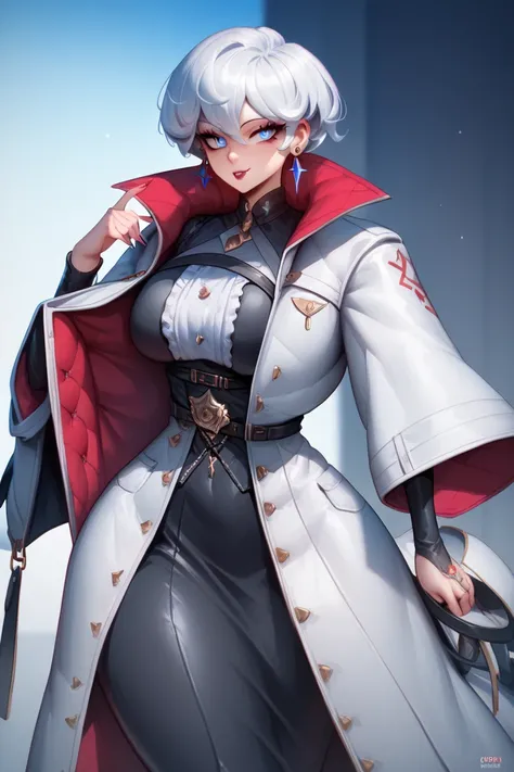  kvinner,Anime,, short white hair, earrings ,Blue earring ,Sharp eyes,angrily,, large white long coat,Big hips,Waist s,H cup breast, stand, waist, เสื้อคลุมลัทธิ