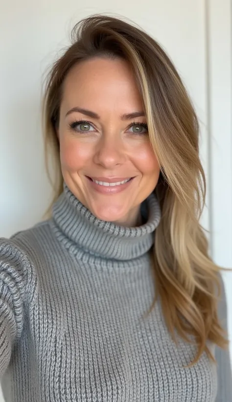 A woman in her 36s with bright eyes, wearing a high-neck sweater, standing against a bright white wall.