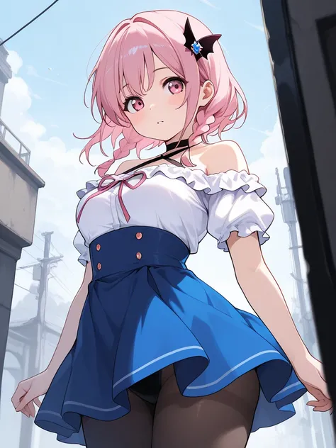 1girl, (pink hair, twin low-braided medium hair, pink eyes), off-shoulder white shirt, short sleeves, black halter leotard, leotard under clothes, high-waist skirt, blue skirt, frills, hair ornament, white pantyhose, magical girl, tranforming, cinematic an...