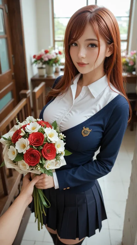 Hanako Arasaka, Intimate, busty, long auburn hair, feeling , in love, wearing school outfit, standing, facing viewers pov, looling back at viewer, holding a bouquet of flowers