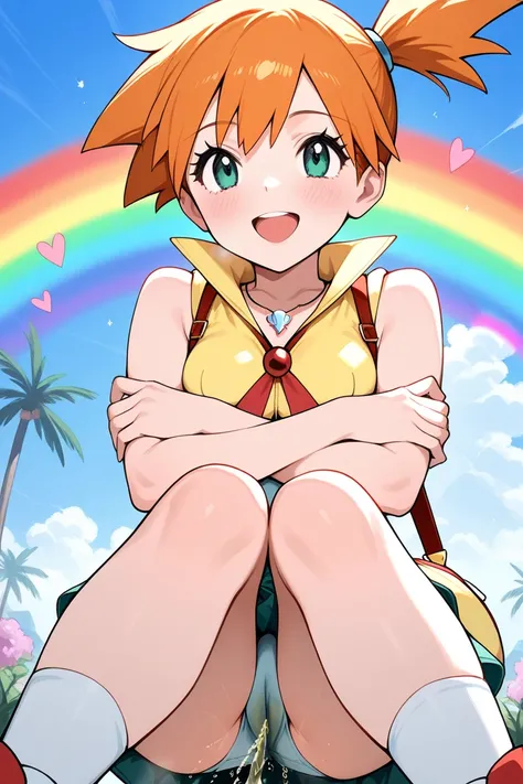 necklace, magical girl, rainbow, hearts, happy,crossed arms,peeing,misty,masterpiece,pokemon,