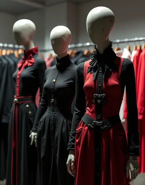 mannequins dressed in black and red in a clothing store, mannequins, on a mannequin. high resolution, steven klein, erwin olaf, on a mannequin. high quality, dark garments, mall goth, mannequin, inspired by Vanessa Beecroft, wearing cosplay  clothes , cree...