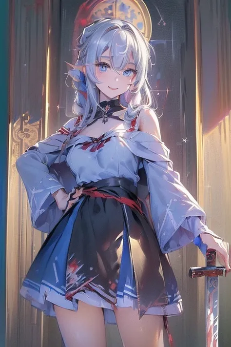 (from below:1.2),((1girl, silver hair, long hair, qutel blue eyes, beautiful eyes, pretty smile:1.5, ), ( off-shoulder dress, sweater dress,, santa hat, black tights, santa boots), (((holding ominous japanese sword:1.1 ))), ((battlescene,slashilg,killing t...