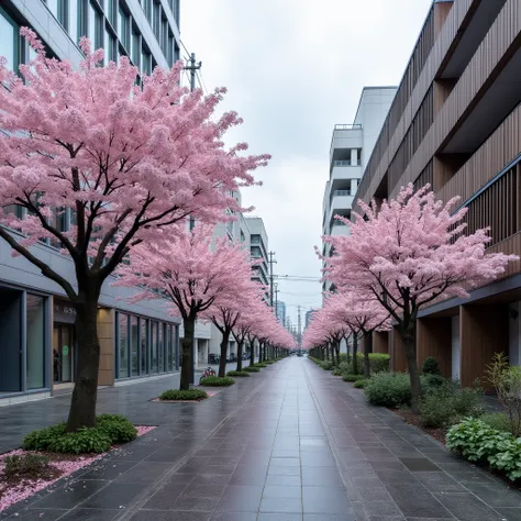 A realistic photo of a Japanese city sidewalk under a cloudy sky, with sakura trees in full bloom lining the walkway. The soft pink cherry blossoms add a vibrant contrast to the overcast atmosphere, with petals scattered lightly on the sidewalk. The buildi...