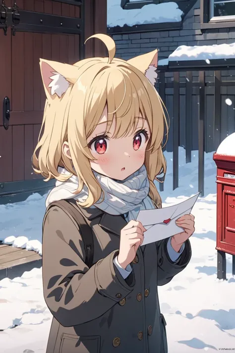 anime screencap,pastel color,Top quality, masterpiece, super detailed,8K,official art,beautiful illustration, 1girl,cute,kawaii,pure,a Blonde cat, red eyes, ahoge,, cute scarf, school uniform winter coat, holding letter, in front of snowy mail box, eyes hi...