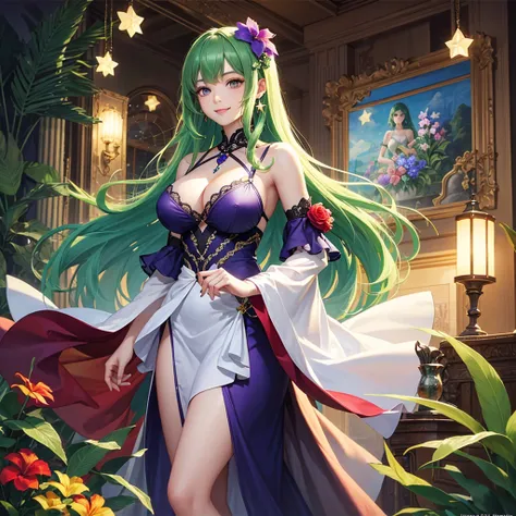  long hair, green hair、  1 girl,  smiles,  purple eyes,  Big Breasts ,  earrings for women with first name,A star-like transparent dark blue dress 、 green hair、 wearing a large red flower、Tropical、oil painting illustration 、 paint-like quality