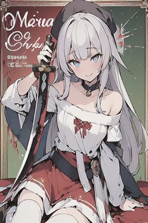 (from below:1.2),((1girl, silver hair, long hair, qutel blue eyes, beautiful eyes, pretty smile:1.5, ), ( off-shoulder dress, sweater dress,, santa hat, black tights, santa boots), (((holding ominous japanese sword:1.1 ))), ((battlescene,slashilg,killing t...