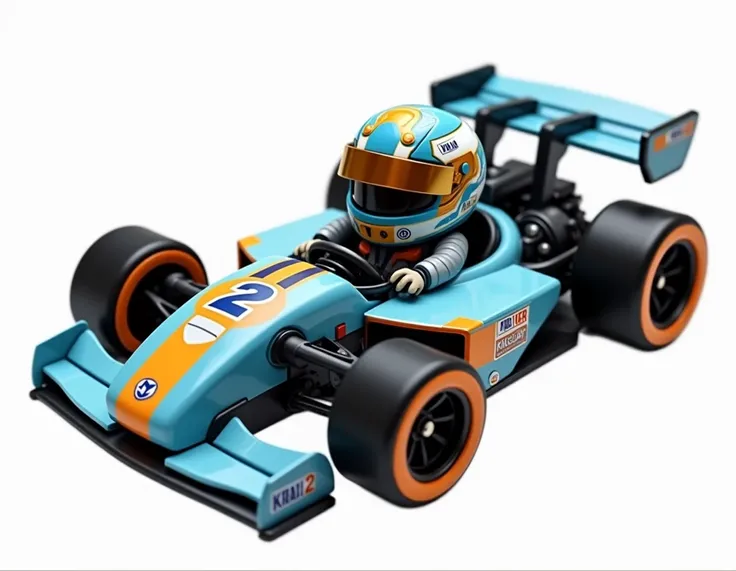  Digital illustration, {High-energy racing car toy model with dynamic design}, White background, Light blue and vivid orange color palette, Sleek aerodynamic chassis, Number 2 printed on hood, Black and orange performance wheels, Driver wearing blue, white...