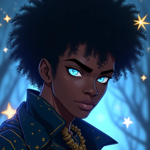 Black guy with afro, one blue eye and another black, in arcane animated series artstyle