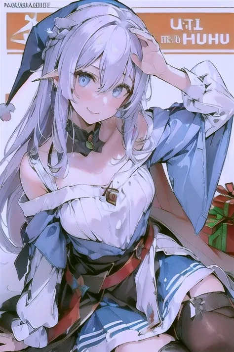 (from below:1.2),((1girl, silver hair, long hair, qutel blue eyes, beautiful eyes, pretty smile:1.5, ), ( off-shoulder dress, sweater dress,, santa hat, black tights, santa boots), (((holding ominous japanese sword:1.1 ))), ((battlescene,slashilg,killing t...