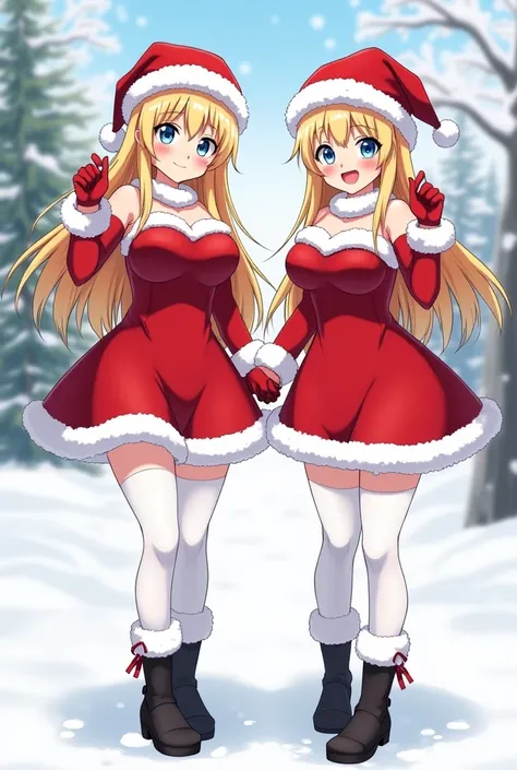 2 girls, an anime drawing of a female with a huge cleavage, breasts, solo, cleavage, long hair, blue eyes, medium breasts, blonde hair, christmas cloes, hd, white thighhighs, smile with teeth, full body, standing, snow background, big breast, high woman, b...