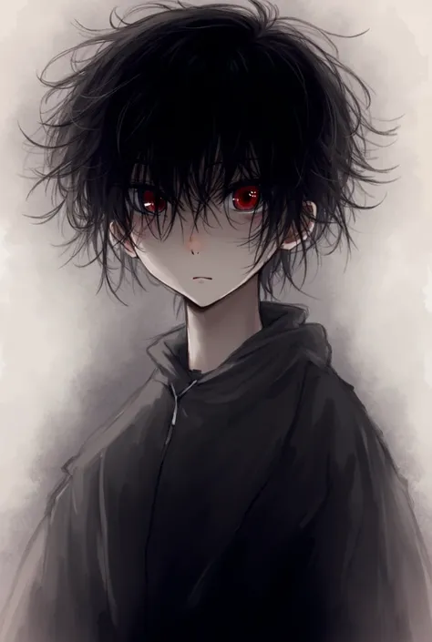 Picture of a tall young man, 185 cm tall, with beautiful, soft, messy black hair that touches the back of his shoulders, and very beautiful red eyes. He is very thin and pale. I want it in danganronpa style 