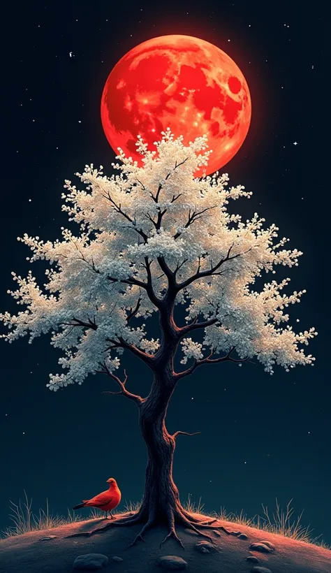   lucky tree covered with white flowers with glowing branches ,  .   The silhouette of the tree is drawn with simple ink lines , 、 The moon above stands in the soft glow of moonlight dark red  ,  Against the backdrop of , Dark sky symbolizing good luck and...