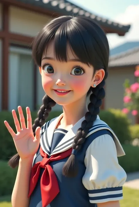 (( top quality ))) ((( high res)))(masterpiece,  top quality . Photorealistic , 8K Ultra HD :1.5),(masterpiece) (((8k))Japan in the 1940s 、 beautiful Japanese girl、 sailor suit、black braids 、 photo taken in front of a typical house、 fresh smile 、Small figu...