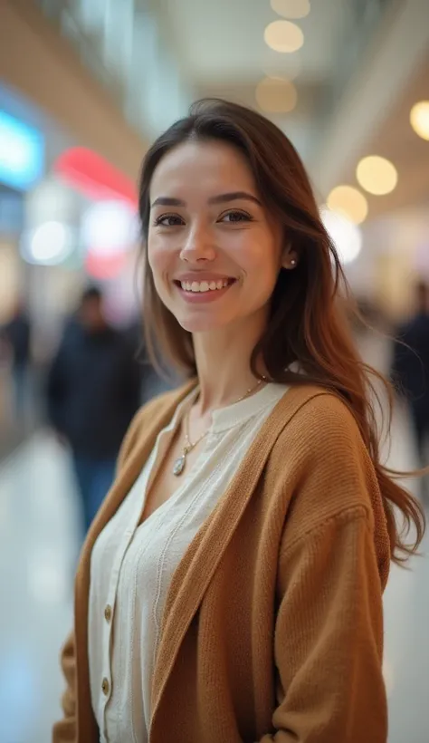 A 36-year-old woman with light makeup, wearing a cardigan, standing in a busy shopping mall.