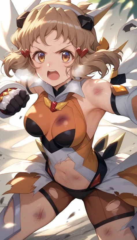  top quality ,  soft light during the cruise,  super high res,  cute, Beautiful face in every detail , High Resolution Details of Human Skin Textures, Shiny Skin,sweat,Heat, white breath ,Take a deep breath,Hibiki Tachibana,Brown Hair,, battle costume,Outd...