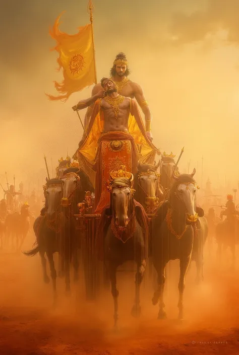 "An epic depiction of Arjuna in a grand battlefield, standing on a decorated chariot pulled by magnificent white horses. Krishna is at the front of the chariot, seated calmly, holding the reins and guiding the horses with a serene expression. Behind him, A...