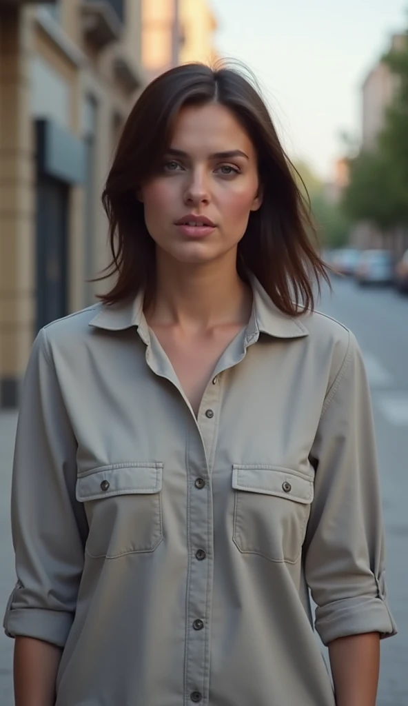 A 35-year-old woman with shoulder-length hair, dressed in a button-down shirt, walking in a quiet street.