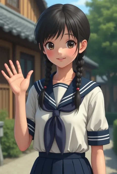 (( top quality ))) ((( high res)))(masterpiece,  top quality . Photorealistic , 8K Ultra HD :1.5),(masterpiece) (((8k))Japan in the 1940s 、 beautiful Japanese girl、 sailor suit、black braids 、 photo taken in front of a typical house、 fresh smile 、Small figu...