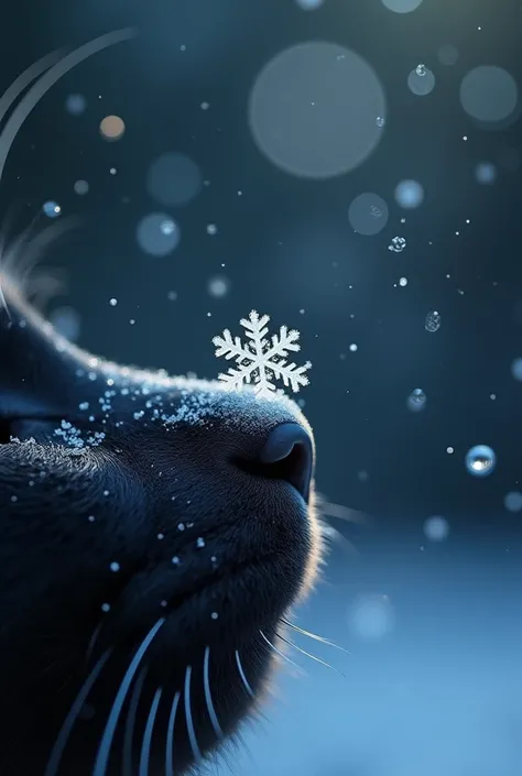 "A stunning macro photo-quality image capturing a single, flawless snowflake resting delicately on the tip of a black fluffy nose cat. The snowflake is intricately detailed, its crystalline arms glistening with icy hues of silver, blue, and white. A faint,...