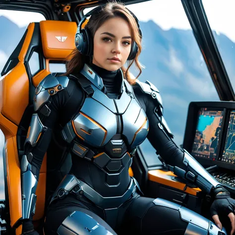 Highly detailed photo of a Women, SF soldier, 30yo, (Mech warrior of women mercenary, (body armor on bodysuit)), sitting like a queen, Stately and dignified, Very dissatisfied look, (headset, Powerful and beautiful eyes, (female bodybuilders body), 8K Ultr...