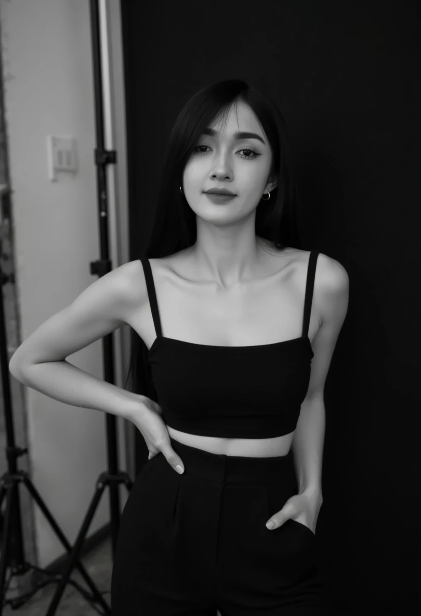 A 25-year-old woman wearing a black tank top and Korean-style pants is in a photo studio with a black background like a magazine cover. The photo is in black and white tones, and it looks like it was taken with a Nikon camera. The light from the studio shi...