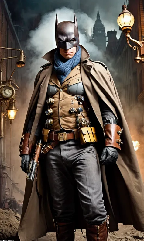 A steam punk version of Batman is menacingly approaching the viewer, he is opening his trench coat to reveal an array of weapons and gadgets, his scarf and chest have the bat symbol