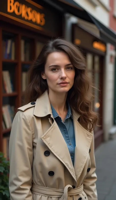 A 38-year-old woman with soft features, wearing a trench coat, standing in front of a vintage bookstore.