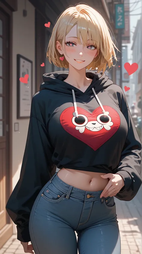 1 Girl,  unique ,  HD, Accurate, Short hair, blond, 头发在眼睛之间,  Big Breasts ,  blush,  has a seductive smile, heart in eye,   wearing a hoodie ,  jeans