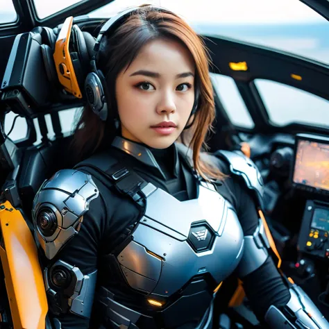 Highly detailed photo of a Asian women, SF soldier, 30yo, (Mech warrior of women mercenary, (body armor on bodysuit)), sitting like a queen, Stately and dignified, Very dissatisfied look, (headset, Powerful and beautiful eyes, (female bodybuilders body), 8...