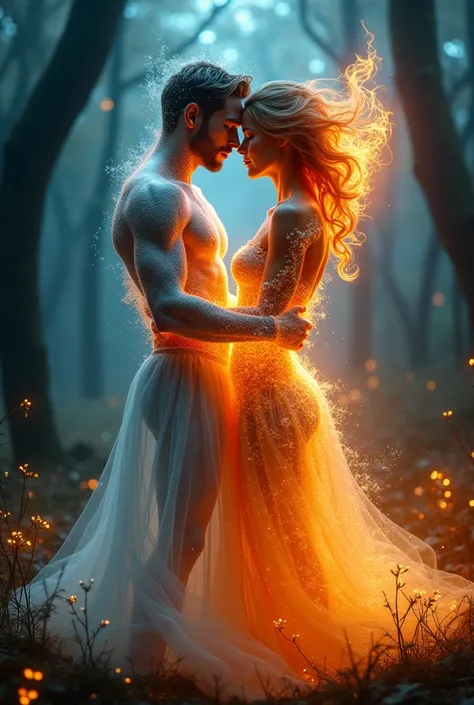 A romantic couple intertwined in an ethereal embrace: the man made of shimmering water and mist, his translucent form reflecting moonlight, while the woman is made of fire and smoke, her fiery tendrils swirling gracefully around him. Their contrasting elem...