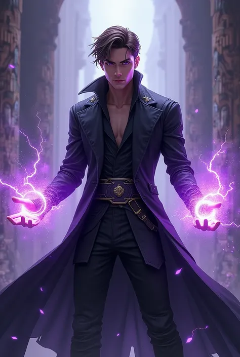 Handsome, single, 1 male, short hair, brown hair, purple eyes, 
magic style warrior outfit. black coat An enormous power swirled like a black holes purple electricity. Magical power is in your hands.