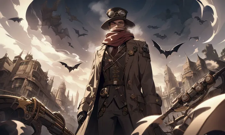 A steam punk version of Batman is menacingly approaching the viewer, he is opening his trench coat to reveal an array of weapons and gadgets, his scarf and chest have the bat symbol
