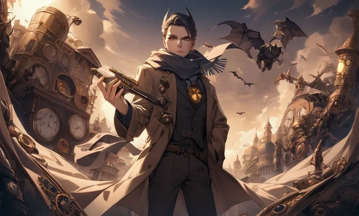 A steam punk version of Batman is menacingly approaching the viewer, he is opening his trench coat to reveal an array of weapons and gadgets, his scarf and chest have the bat symbol
