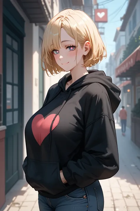 1 Girl,  unique ,  HD, Accurate, Short hair, blond, 头发在眼睛之间,  Big Breasts ,  blush,  has a seductive smile, heart in eye,  wearing a black hoodie ,  jeans, From the side