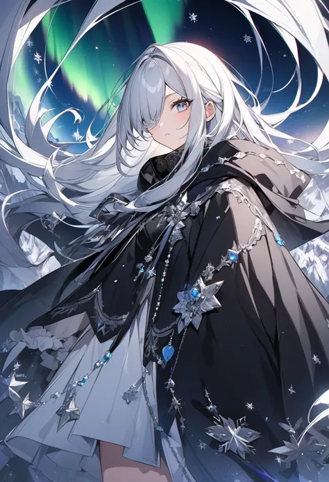 Winter Witch 、snow-white hair and skin 、 tall 、Silver Eyes、Half an eye、 Black Cloak and Hood 、 bow、Silver decoration、 Aurora