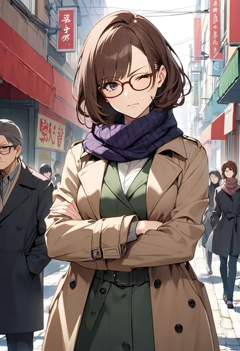 Ogata Saeko  ,  crowded street corner  ,  out baunnsu hairs semi-short brown hair、 middle-aged woman with semi-short brown hair rolled up and hanging from one eye , One person,  wearing square rimmed glasses , Middle-aged woman wearing a trench coat and sc...