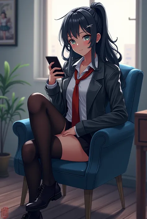 anime character sitting in a chair holding a cell phone, digital art by Android Jones, pixiv, digital art, oppai cyberpunk, (sfw) safe for work, thicc, oppai, 2b, 2 b, a hyperrealistic schoolgirl, android heroine, perfect android girl, from girls frontline...