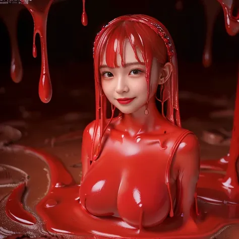 ((masterpiece, top quality,Ultra delicate, perfect face,  detailed eyes,16k,   high definition   ,  very cute red slime girl )),((The whole body liquefies to mush and melts :7.5,  legs of red slime dissolved in mud {x} legs of red slime dissolved in mud:9....