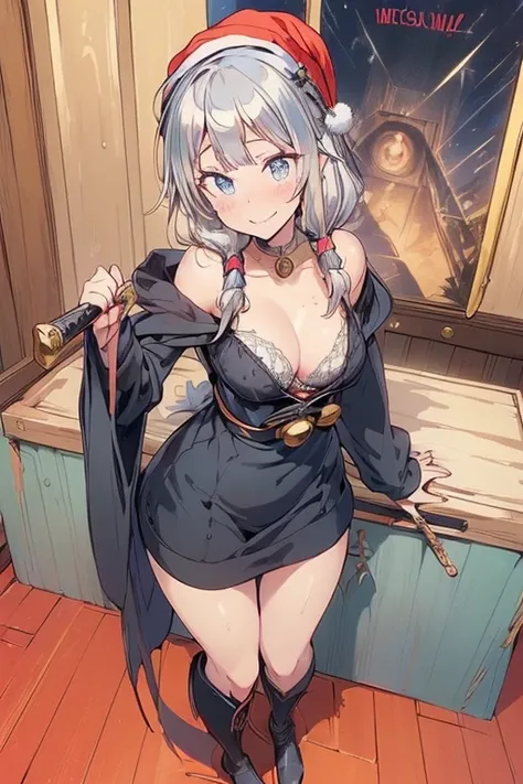 (from below:1.2),((1girl, silver hair, long hair, qutel blue eyes, beautiful eyes, pretty smile:1.5, ), ( off-shoulder dress, sweater dress,, santa hat, black tights, santa boots), (((holding ominous japanese sword:1.1 ))), ((battlescene,slashilg,killing t...