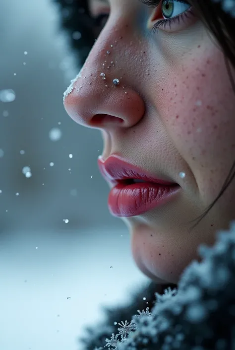 A close-up of dry, cracked lips against a wintery background. Snowflakes or frosty effects in the background to signify winter dryness.