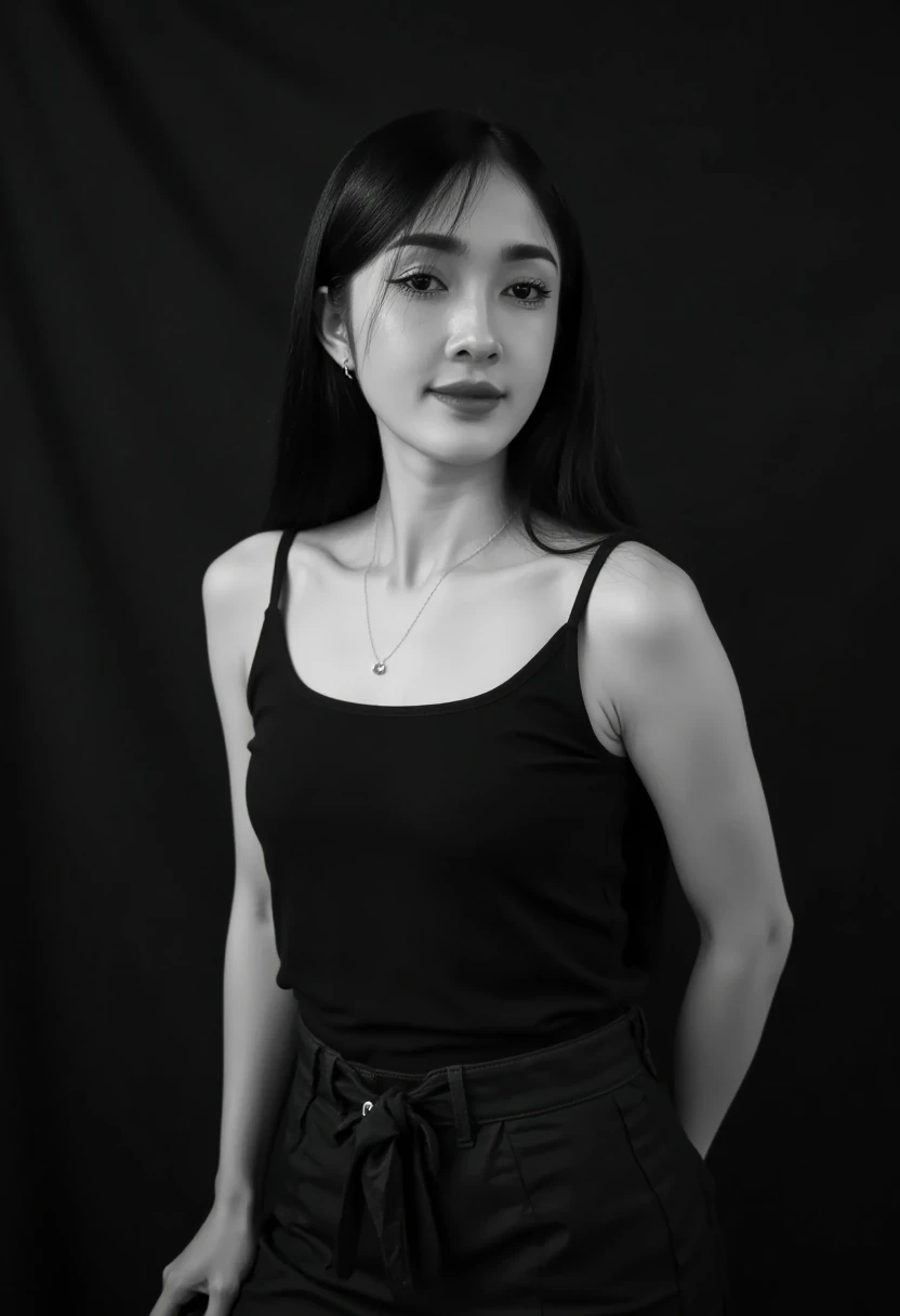 A 25-year-old woman wearing a black tank top and Korean-style pants is in a photo studio with a black background like a magazine cover. The photo is in black and white tones, and it looks like it was taken with a Nikon camera. The light from the studio shi...