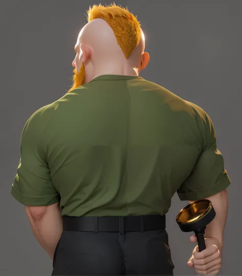 俄罗斯男人Back，Back to camera，健硕的Back，Back，Back of the head，Side head，Bald hair on both sides ， with blond hair in the middle，Golden beard ，green shirt ， More costume details ，Backlight，Cartoon Characters，UE5 Rendering，3D Rendering， cartoon style ，3D Model