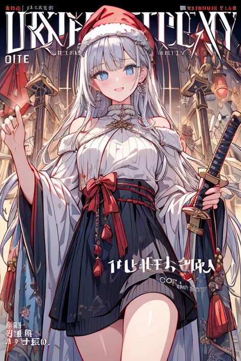 (from below:1.2),((1girl, silver hair, long hair, qutel blue eyes, beautiful eyes, pretty smile:1.5, ), ( off-shoulder dress:1.1, sweater dress,, santa hat, black tights, santa boots), (((holding ominous japanese sword:1.1 ))), ((battlescene,slashilg,killi...