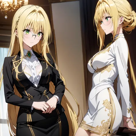 (( top quality )), ((masterpiece)), ( Details), （perfect face）、The blonde and green-eyed Tiaille Lunatique wears an elegant white blouse, a black suit with luxurious and beautiful gold embroidery and edging, and a tight skirt