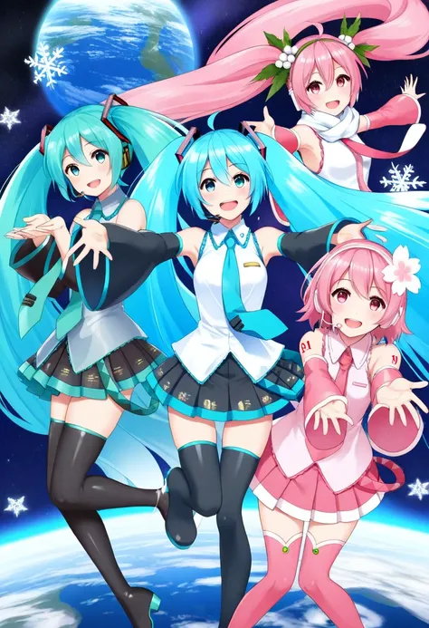 sakura miku, yuki miku, hatsune miku, long hair, looking at viewer, smile, open mouth, blue eyes, multiple girls, hair ornament, thighhighs, bare shoulders, twintails, blue hair, white shirt, pink hair, ahoge, :d, pleated skirt, detached sleeves, black ski...